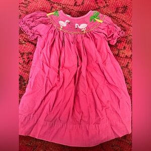 Smocked Pink Flamingo Embroidered Kids Dress